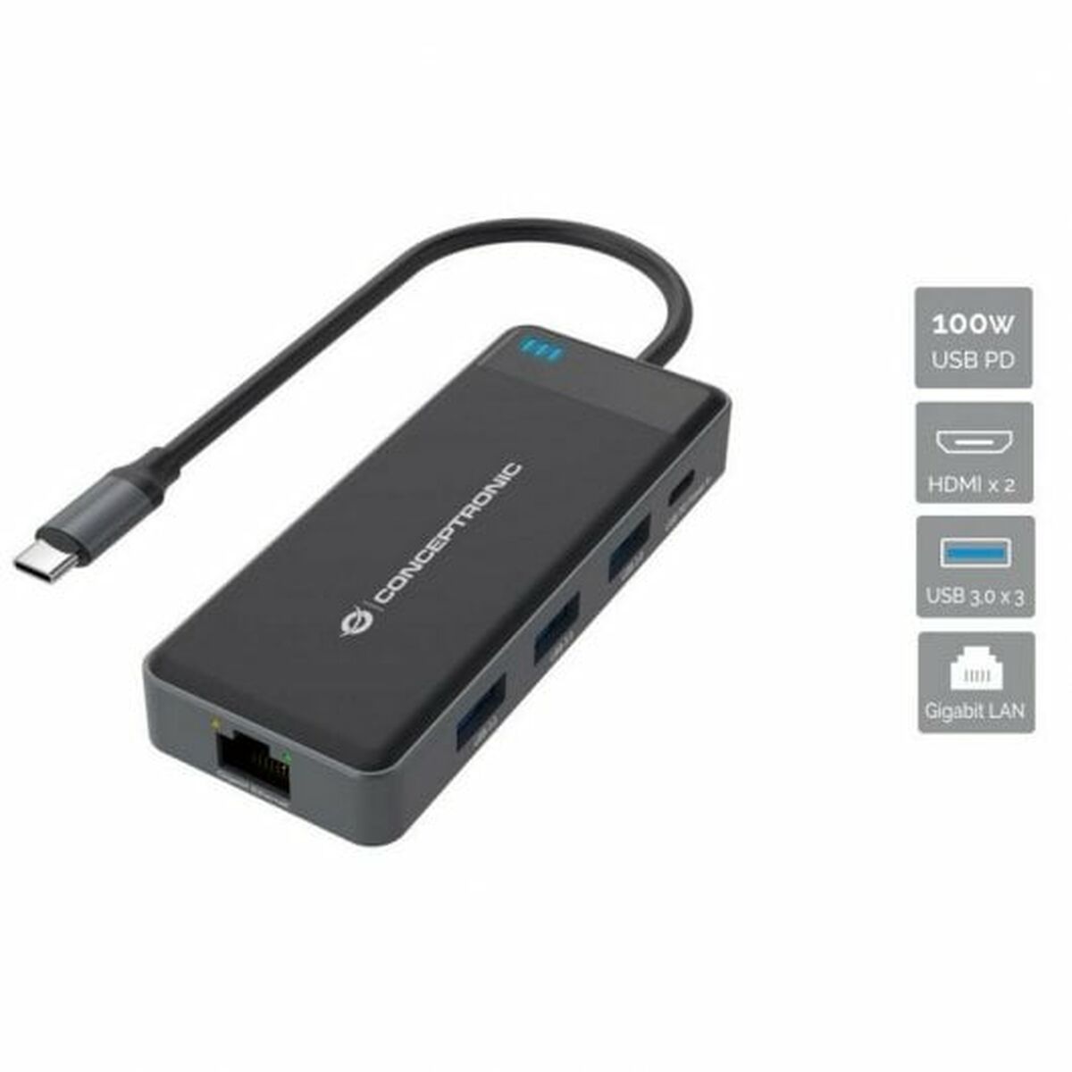 Hub USB Conceptronic DONN14G Noir Gris 100 W (1 Unité)