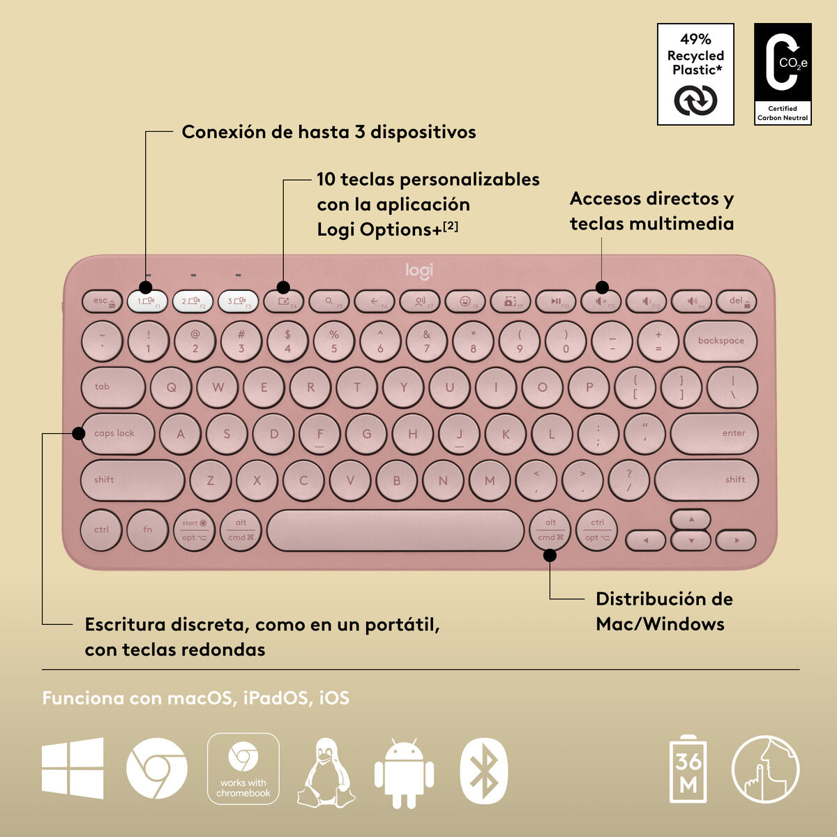 Clavier sans fil Logitech K380s Rose Espagnol Qwerty