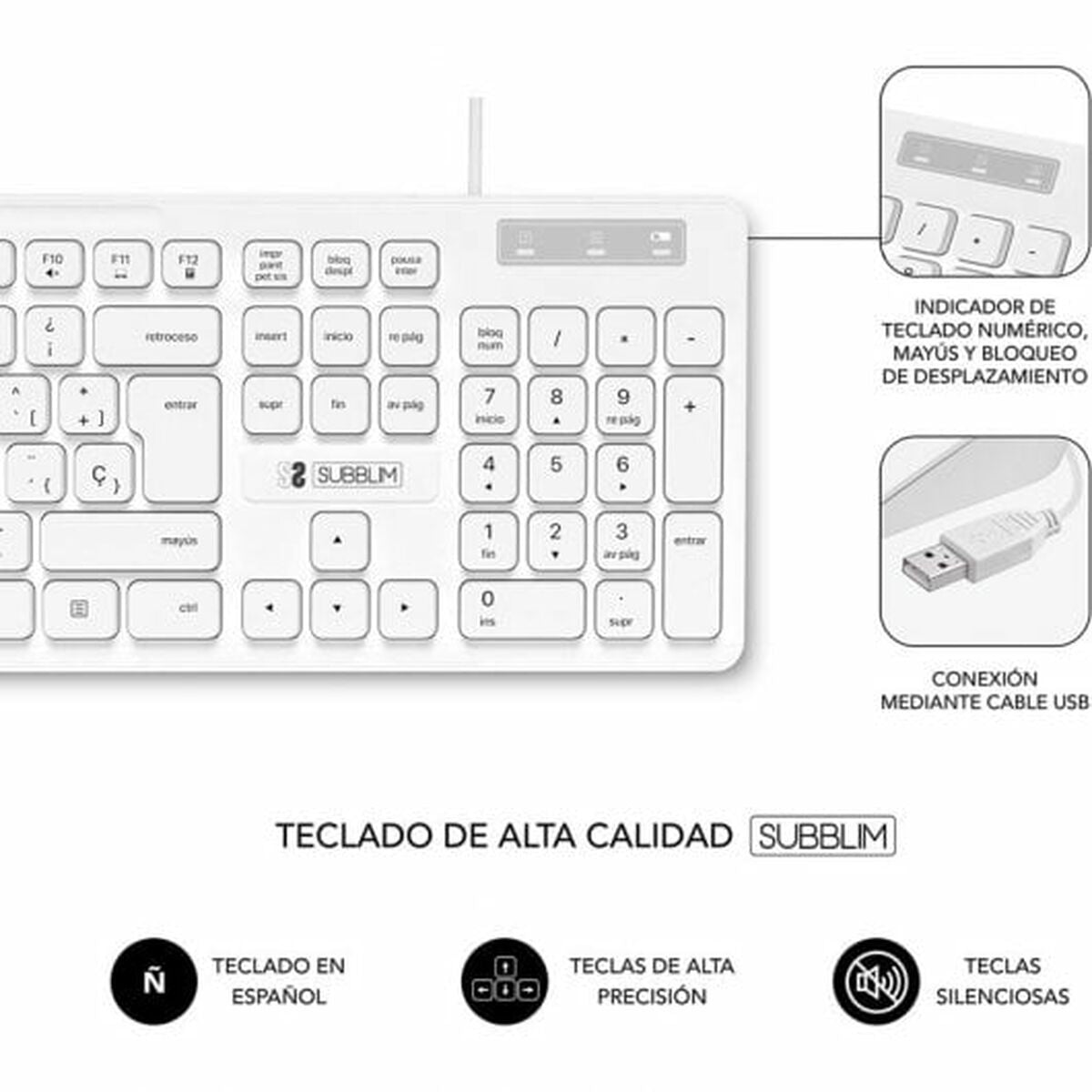 clavier et souris Subblim SUBKBC-CSSK02 Blanc Espagnol Qwerty QWERTY