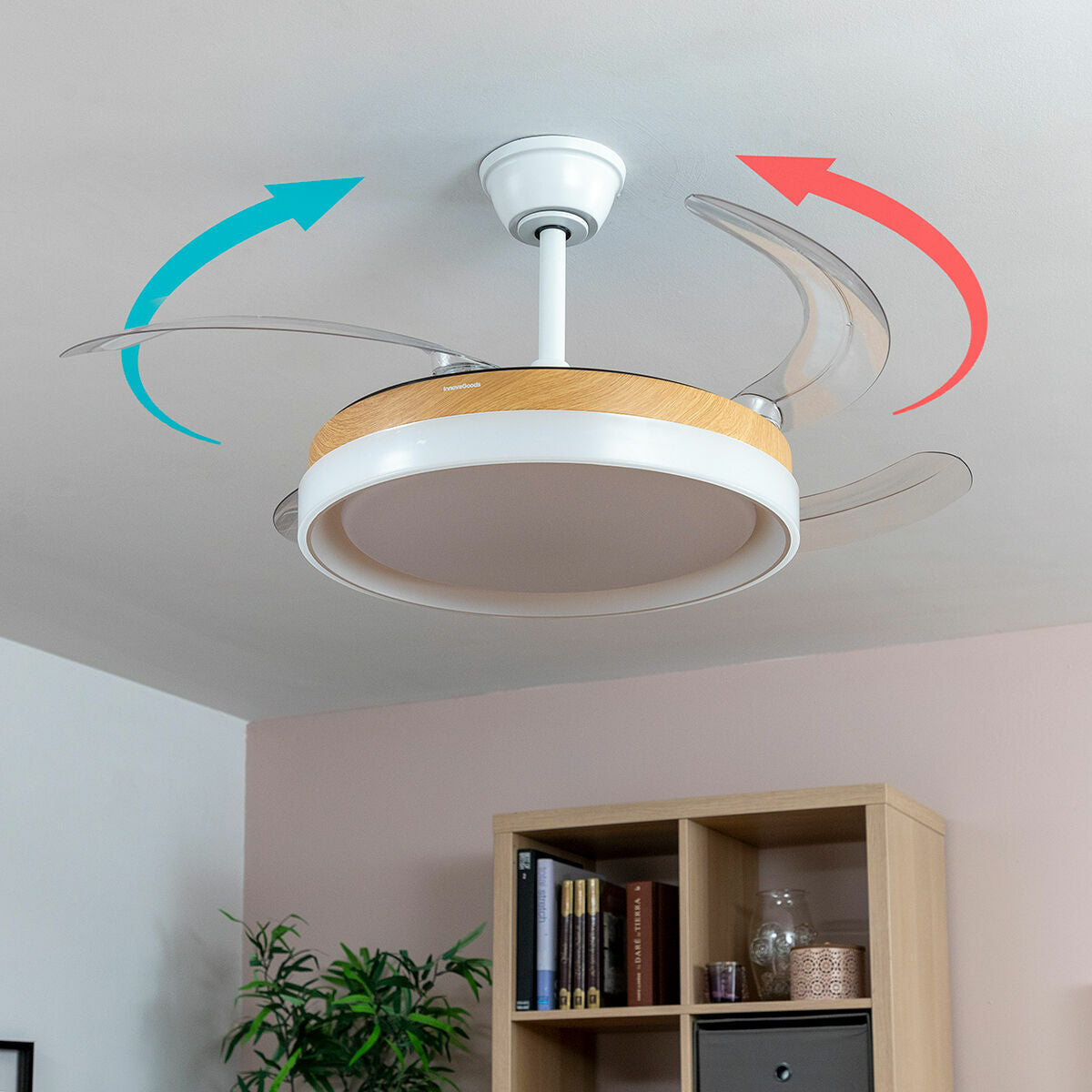 LED Ceiling Fan with 4 Retractable Blades Blalefan InnovaGoods Wood 72 W Ø49,5-104 cm