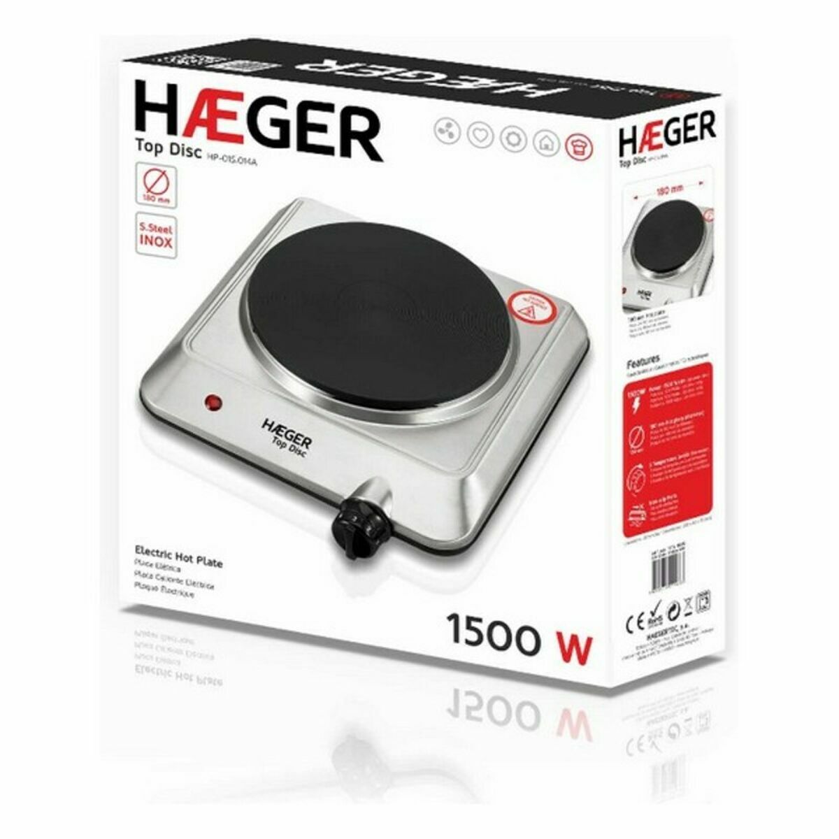 Plaque Électrique Haeger HP-01S.014A Acier inoxydable 1 Fourneau Noir Argenté 1500W