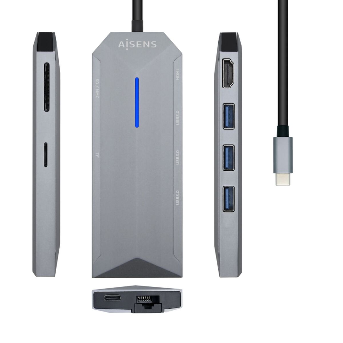 USB-Hub Aisens USB-C-Dock 8 in 1, USB-C auf 1xHDMI, 1xRJ45, 3xUSB, 1xPD, 1xSD, 1xMicroSD, Grau, 15 cm