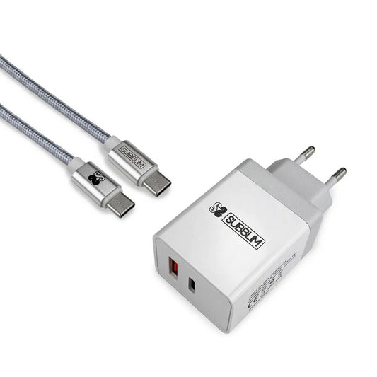 Wandladegerät + Kabel USB A auf USB C Subblim CARGADOR ULTRA RAPIDO 2xUSB DE PARED PD18W+2.4A + Kabel C auf C Blanco
