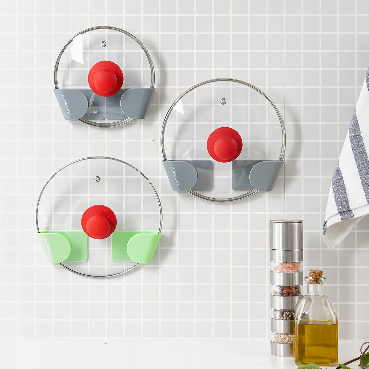 Set mit 3 selbstklebenden Wandhalterungen für Smarack InnovaGoods Küchendeckel 